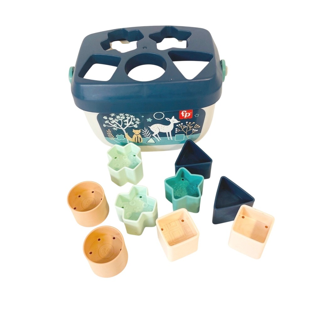 Fisher-Price Baby's First Blocks Shape Sorter Woodland Fox Deer Navy Blue Bucket